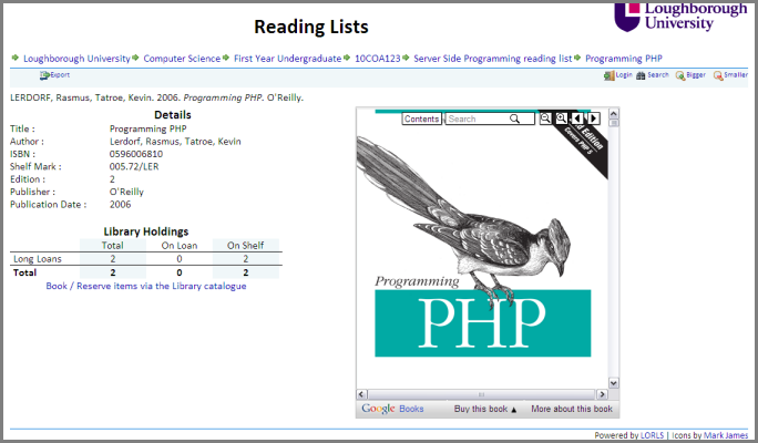Screen shot of new reading list system