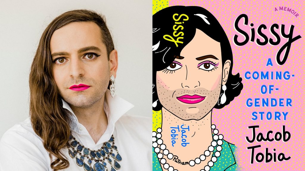 Image shows a photo of Jacob Tobia wearing makeup and clothes classed as feminine and the cover of their autobiography