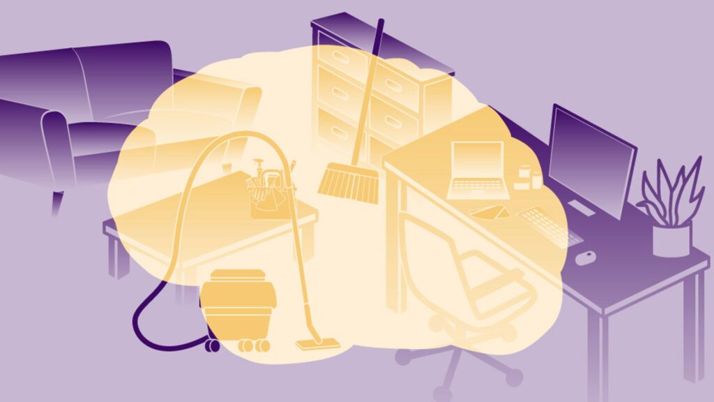 Purple illustration of a desk, sofa, table, shelves and cleaning equiptment with a pale orange brain shaped cloud on top.