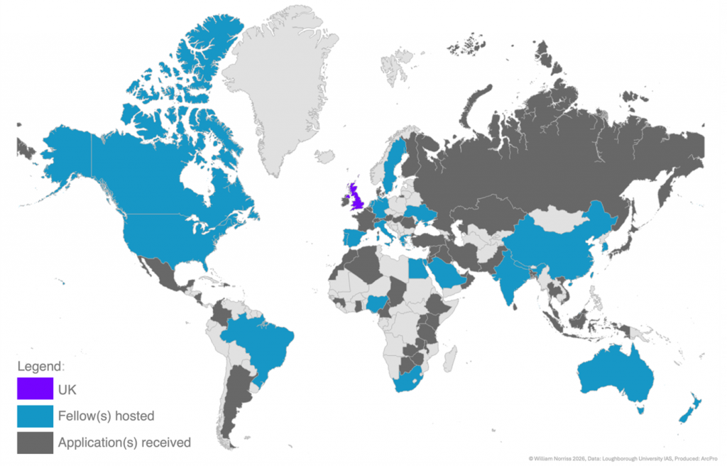 A map showing the global outreach of the Loughborough Institute of Advanced Studies Residential Fellowship Programme.