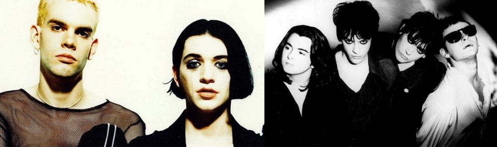 Image shows the bands Placebo and Manic Street Preachers with members wearing makeup and clothes classed as feminine