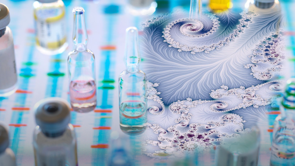 Mashup of vials and a blue swirly pattern