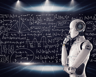 A humanoid robot pondering mathematical calculations on a blackboard
