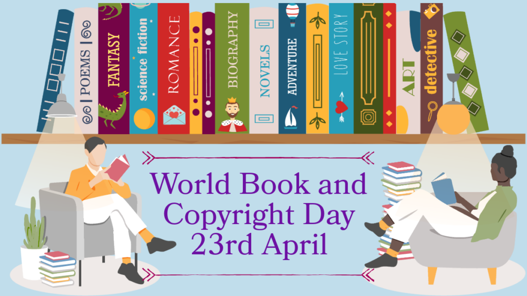 Image of two people sitting and reading with text in the middle saying World Book and Copyright Day 23rd April