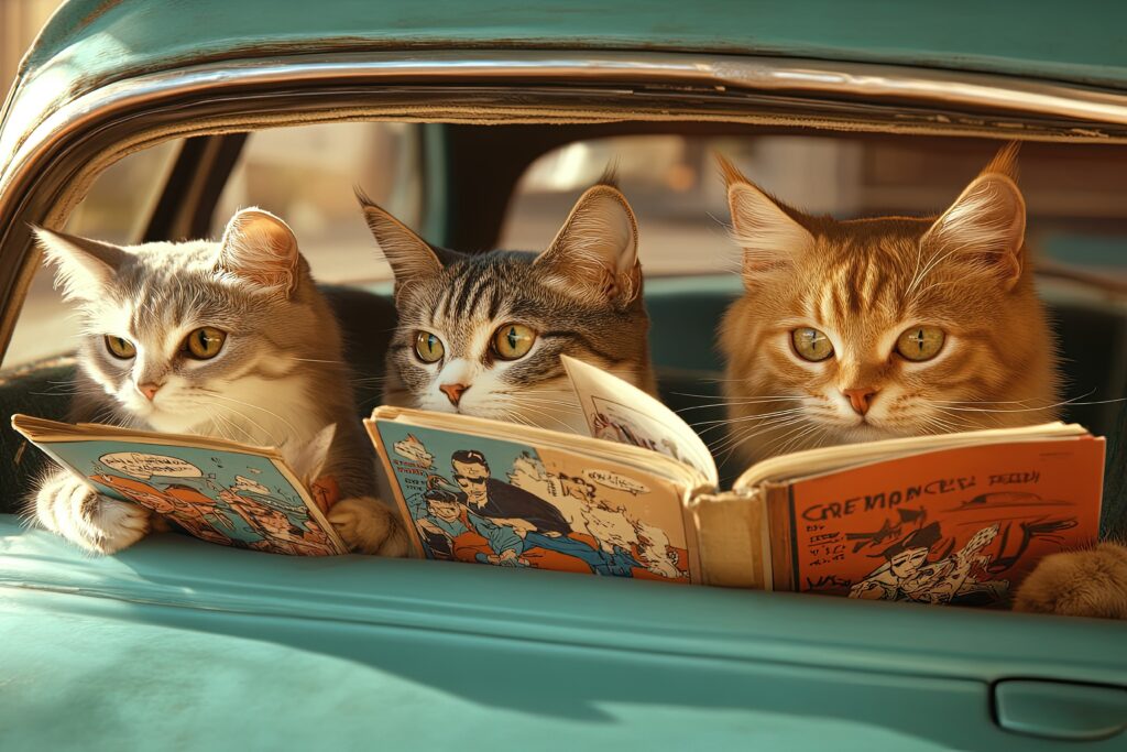 AI generated image of three cats sitting in the back of a car reading books