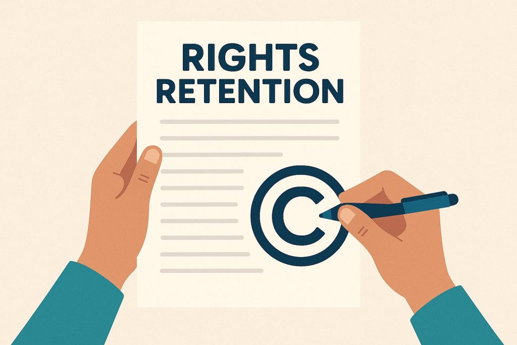 Cartoon of hands holding a paper with "rights retention" as a header and a copyright symbol in the middle