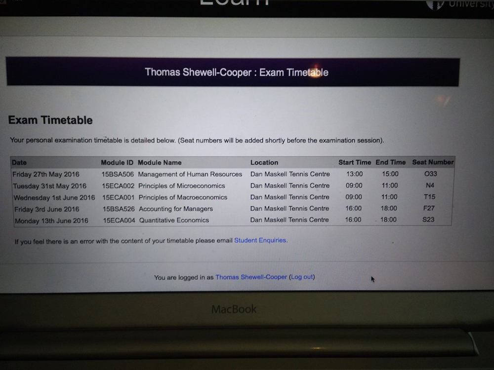 Exam timetable