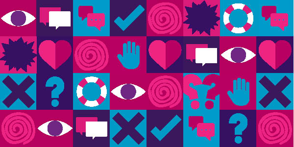 A grid of icons including hearts, hands, eyes, speech bubbles and question marks.