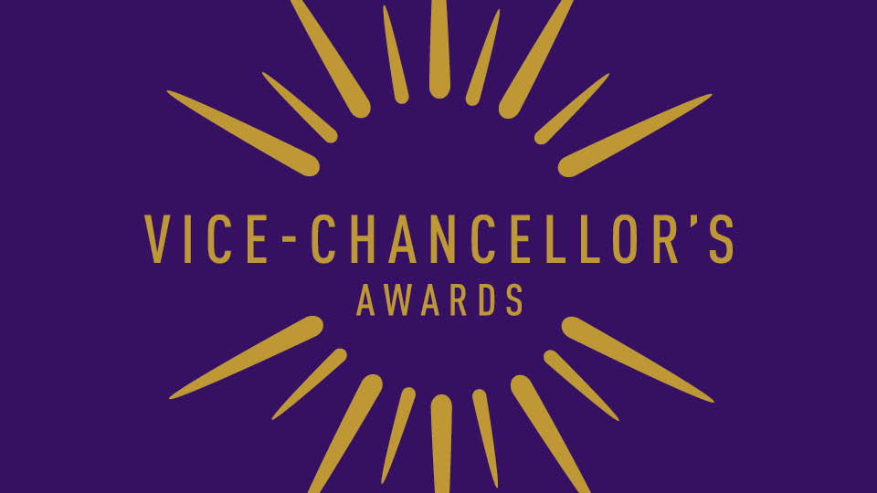 A purple background with gold text reading 'Vice-chancellor's Awards' and gold beams surrounding it.