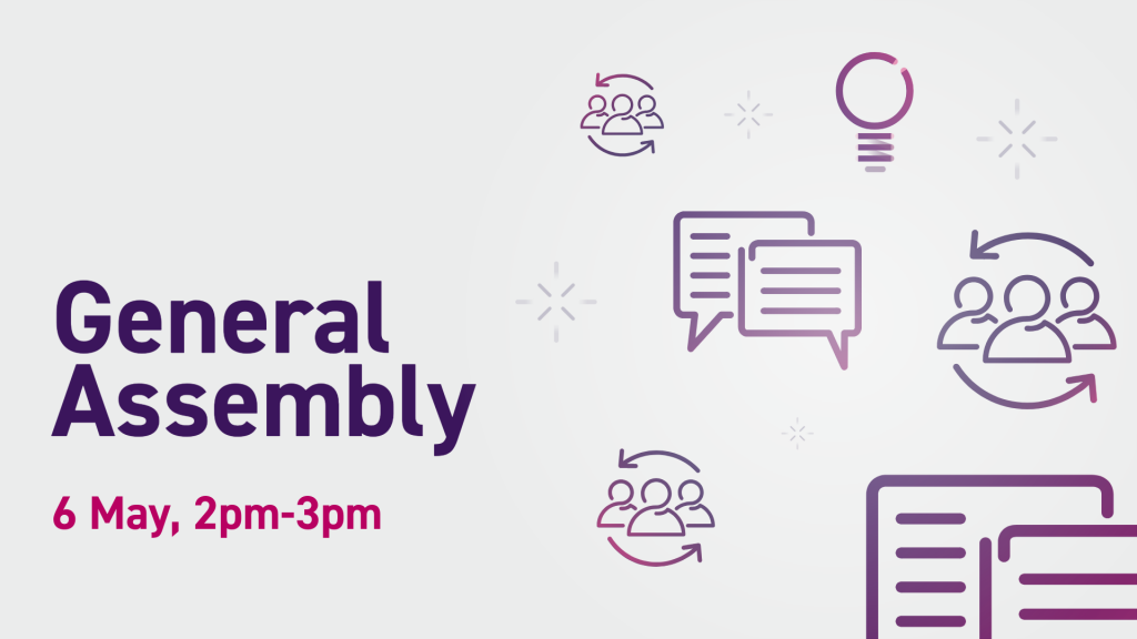 Icons of people and speech bubbles alongside the text 'General Assembly, 6 May, 2pm-3pm'.