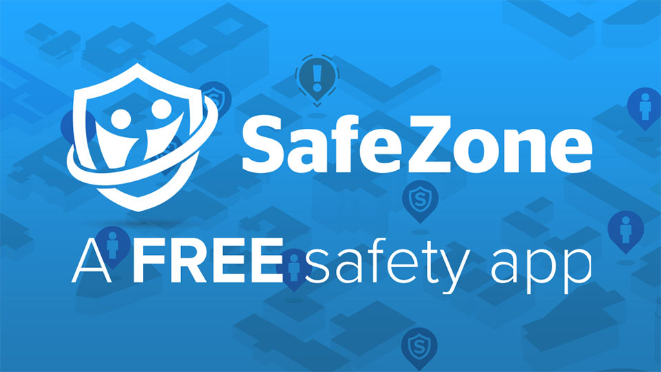 Safezone logo on blue background with text 'A free safety app'
