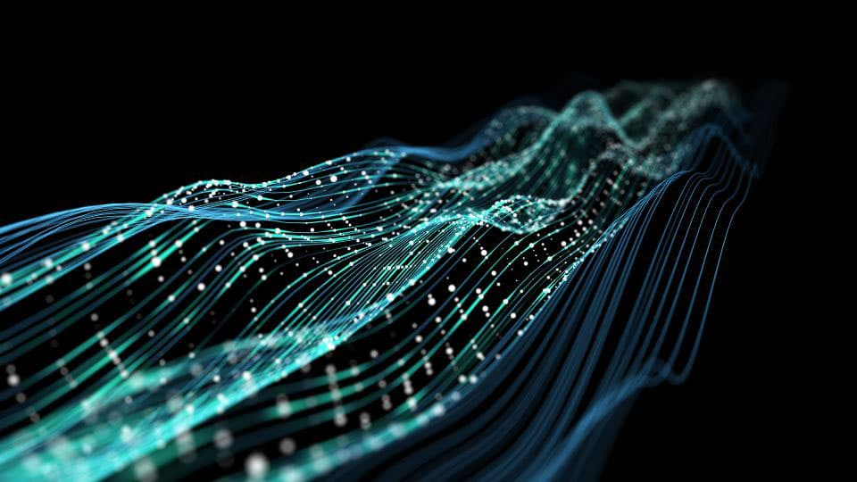 Digital visualisation of data streams with blue strands and particles