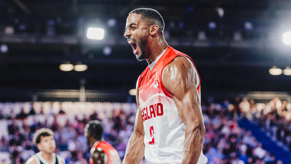 Alum Jamell Anderson of Team England celebrates winning gold in the 3x3 Men's Basketball at the 2026 Commonwealth Games