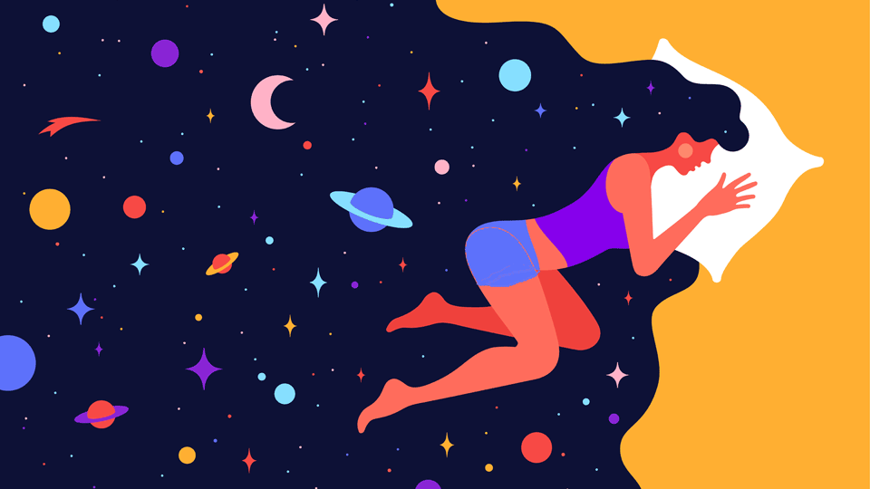 An illustration showing a woman asleep with stars and planets in the background