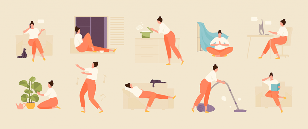 Illustrations showing routine, including: cooking, cleaning, working, dancing, reading and other activities