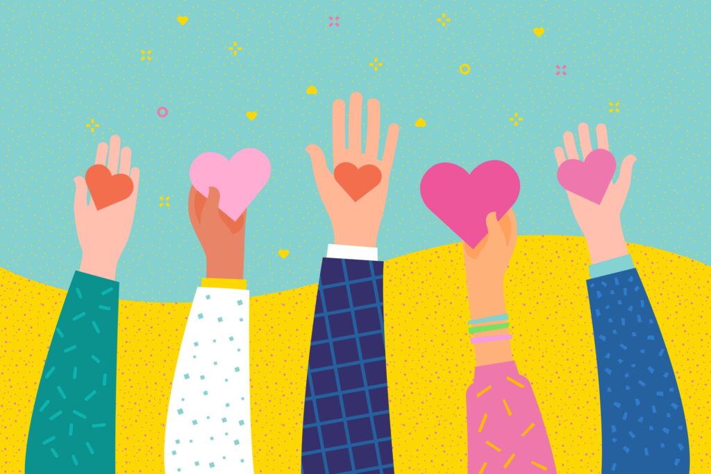 Illustration of five hands reaching up and holding pink and red love hearts.