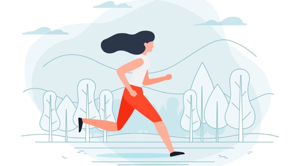 Illustration of a person running outdoors past a row of trees.