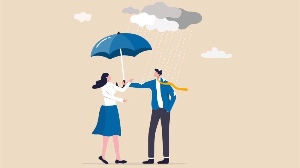 Illustration of a person holding an umbrella above another person underneath rain clouds.