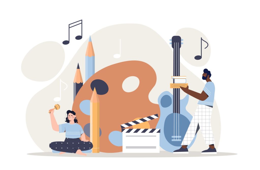 Illustration of a person carrying books and another person sat with legs crossed playing an instrument in front of giant pencils, musical notes, a paint palette and a guitar.