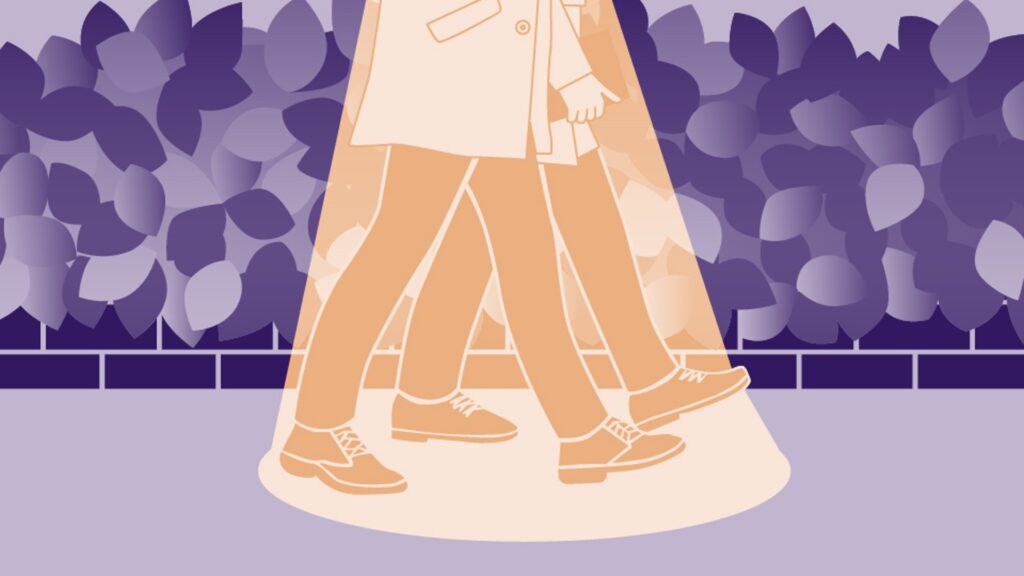Purple and orange illustration of two people walking together outdoors.