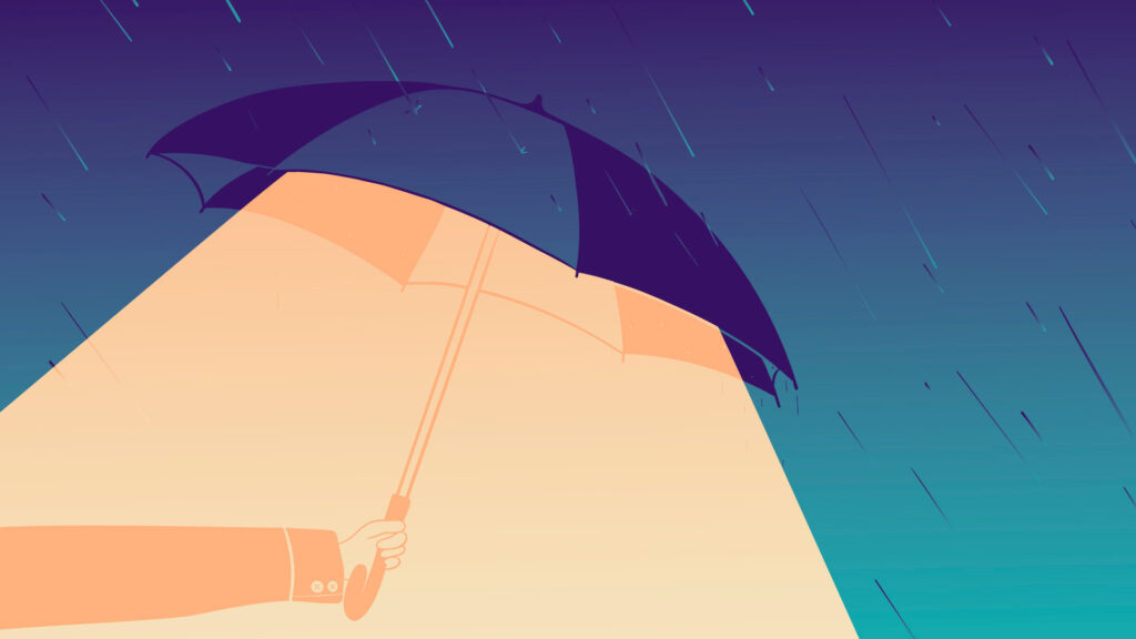 A person holding an umbrella out in a rainy sky, orange light is beaming from under the umbrella.