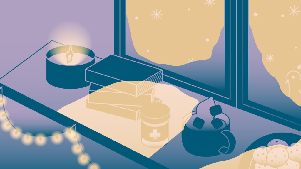 Illustration of a windowsill with Christmas lights hanging, snow outside the window, a candle, books, biscuits, and a mug of hot chocolate.