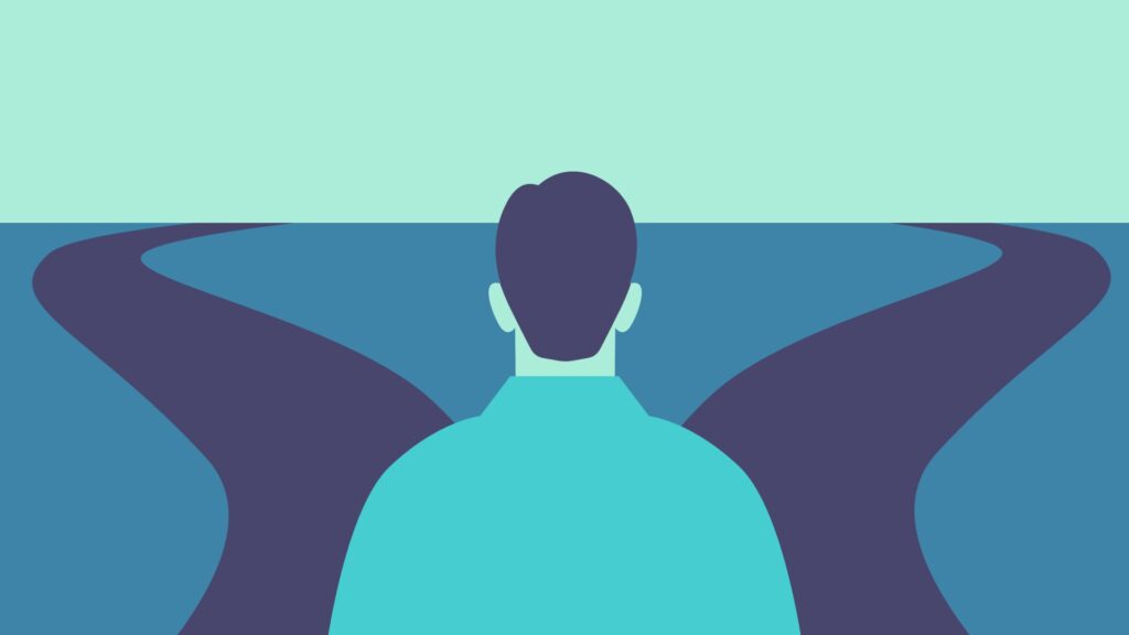 Blue graphic of a person standing towards two parallel roads leading into the distance.